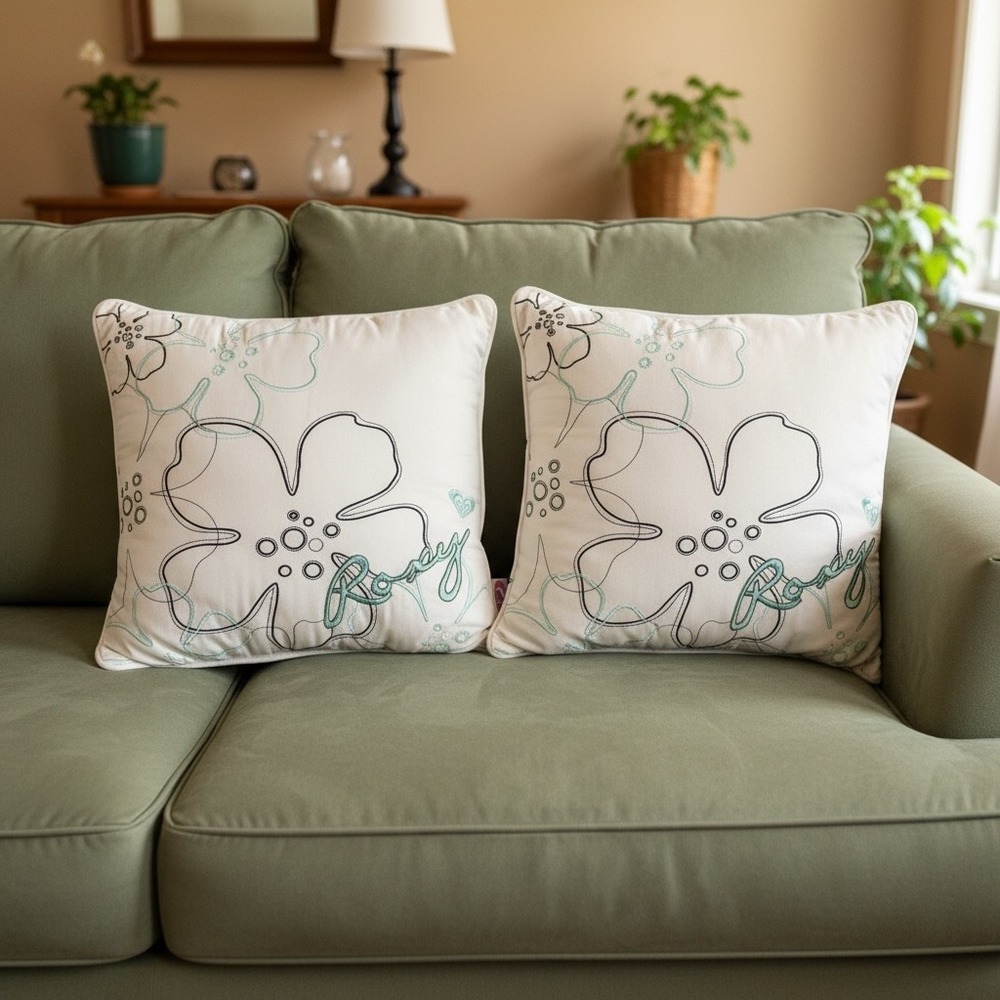 Roxy Set of 2 White Floral Embroidered Throw Pillows Teal Navy Y2K Surf Decor